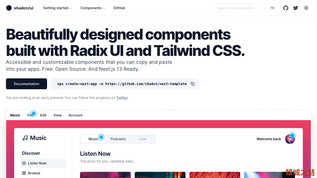 倾城之链 - shadcn/ui - Beautifully designed components built with Radix UI and Tailwind CSS.